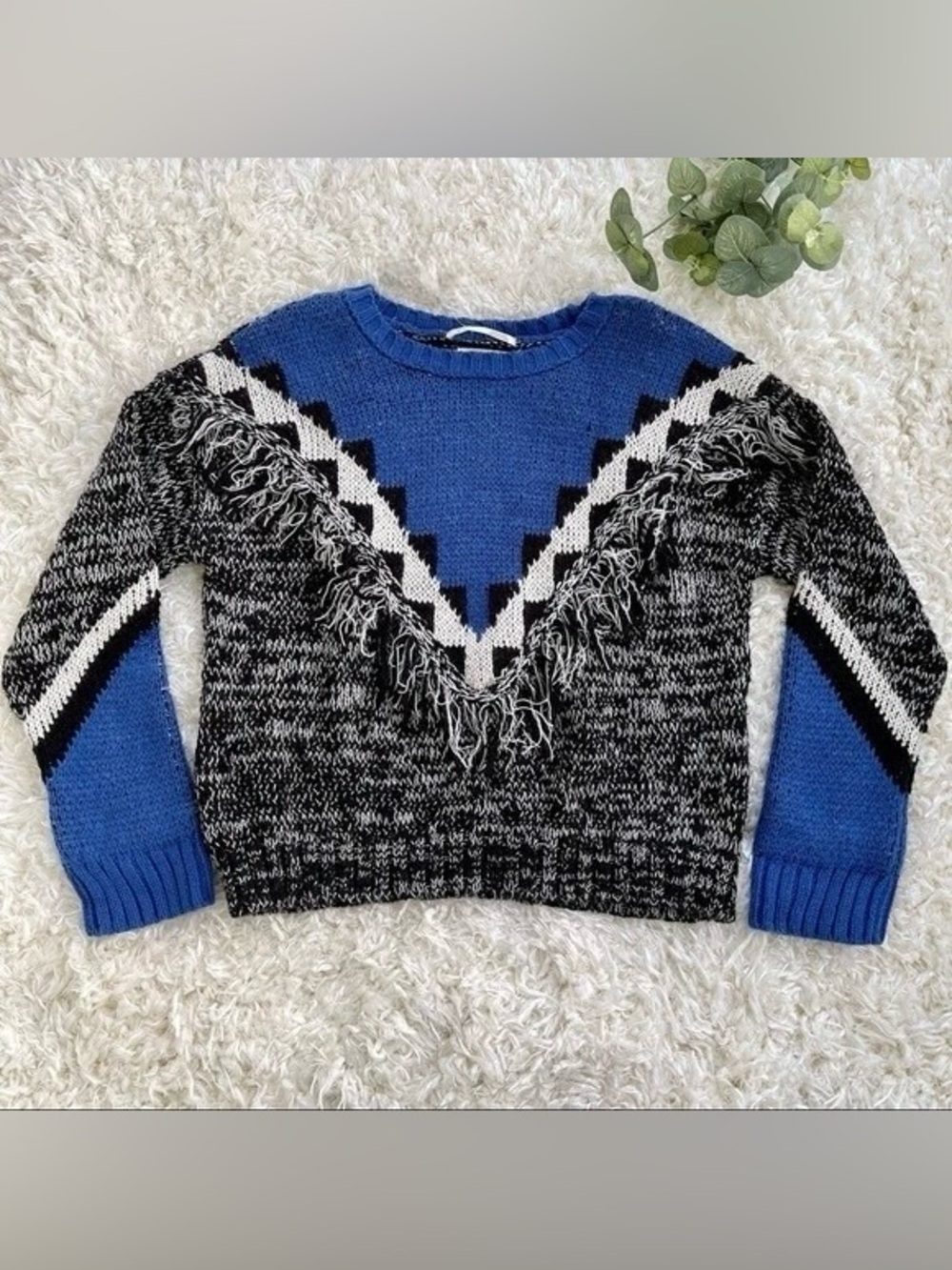 Anthropologie Blue Black Chevron Fringe Knit Sweater Size XS